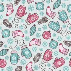 Wall Mural - Vector seamless pattern with cute Christmas elements: toys, mittens, socks and snowflakes. Beautiful cozy Merry Christmas and Happy New Year background