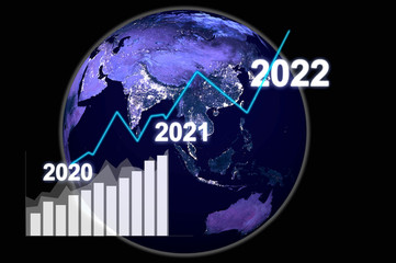 Graph of economic growth on a background of a world map. Multiple exposure. Economic Growth Forecast in Southeast Asia, India and China. map with night illumination from NASA.