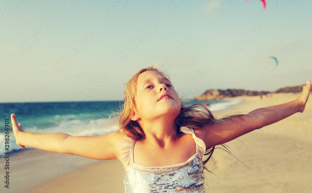 Adorable happy smiling little girl on beach vacation Stock Photo ...