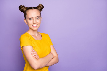 Canvas Print - Profile photo of pretty teenager lady with crossed arms diligent student ready get education and knowledge wear yellow t-shirt isolated on pastel purple background