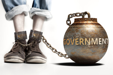 Wall Mural - Government can be a big weight and a burden with negative influence - Government role and impact symbolized by a heavy prisoner's weight attached to a person, 3d illustration