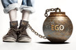 Ego can be a big weight and a burden with negative influence - Ego role and impact symbolized by a heavy prisoner's weight attached to a person, 3d illustration