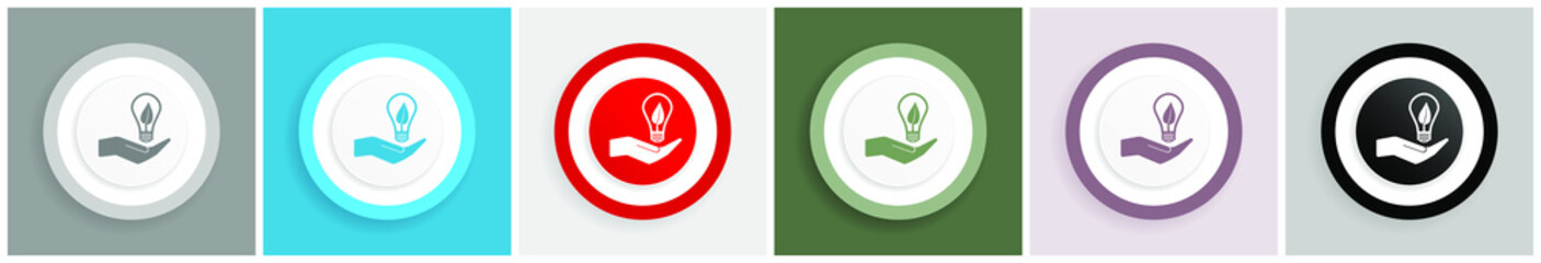 Leinwandbilder - Ecology bulb on hand icon set, colorful flat design vector illustrations in 6 options for web design and mobile applications