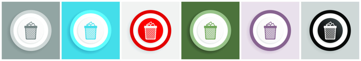 Leinwandbilder - Trash can icon set, colorful flat design vector illustrations in 6 options for web design and mobile applications