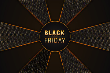 Wall Mural - black friday sale poster, banner layout on black abstract background with golden glittering halftone