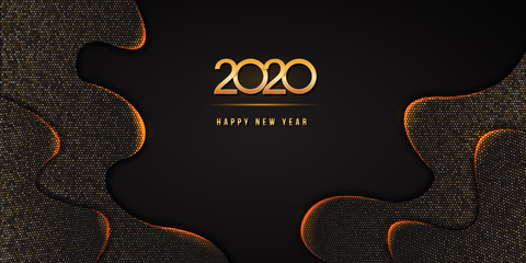 Wall Mural - 2020 happy new year text design with golden numbers on abstract black wavy background textured with 