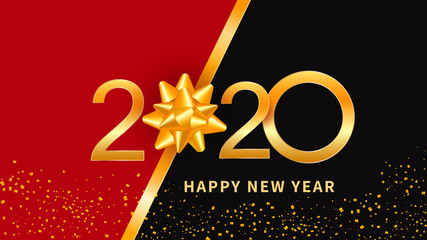 Wall Mural - happy new year 2020 greeting card design with golden ribbon bow and shiny gold numbers on black back