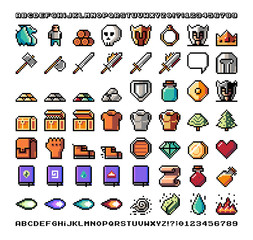 Pixel art, game item, icon and objects for the design. Vector illustration. Fantasy world. Old game console.