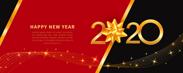 Wall Mural - happy new year 2020 - new year greeting card with text design, golden numbers and ribbon bow on abst