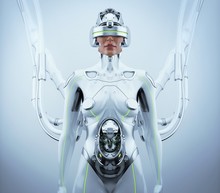 Robotic Woman With Cable Connection In VR Helmet Waiting For Baby, 3d Render / Pregnant Robotic Woman In VR Helmet