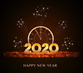 Wall Mural - happy new year 2020 - new year text design with golden 3d numbers and vintage clock on holiday glitt