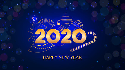 Wall Mural - 2020 happy new year text design with golden numbers. christmas tree, ball, gift box and candy cane o