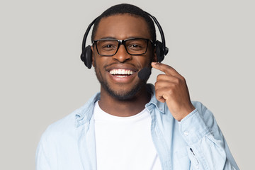 Sticker - Head shot smiling African American support service operator in headphones