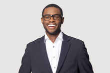 Head Shot Portrait Smiling African American Businessman Wearing Glasses