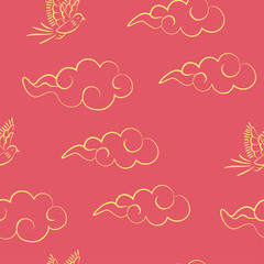 Wall Mural - Clouds and long tailed bird seamless pattern, Oriental traditional design.