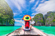 © day2505 - Colorful summer lifestyle traveler woman joy fun relaxing on boat at sunny beach Maya bay Krabi, Tourist girl on holiday vacation trip, Travel Phuket Thailand, Tourism beautiful destination place Asia