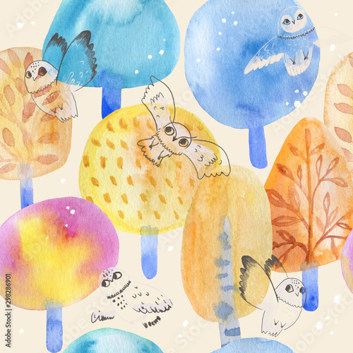 Fototapeta dla dzieci Seamless cute watercolor pattern. Autumn colorful forest, owls. Ideal for children