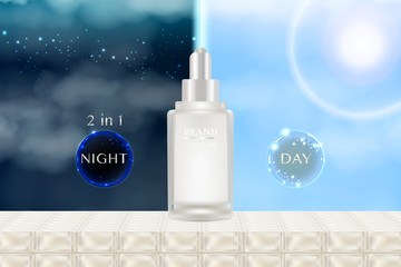 Beauty product ad design, white cosmetic container with night and day advertising background ready to use, luxury skin care banner, illustration vector.	