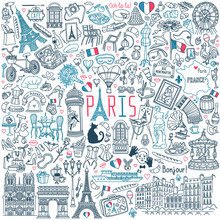 Paris Doodle Set. Popular French Landmarks, Food And Attractions. Vector Illustration Isolated On White Background