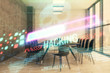© Andrey - Double exposure of hacking theme hologram on conference room background. Concept of cyberpiracy