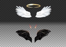 Set Of Angel And Devil Realistic Wings, Horns And Halo Isolated On Transparent Background