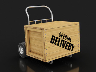 Poster - Wooden crate with Special Delivery on Hand Truck. Image with clipping path