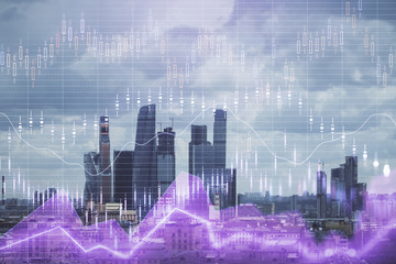 Double exposure of financial graph on downtown veiw background. Concept of stock market research and analysis