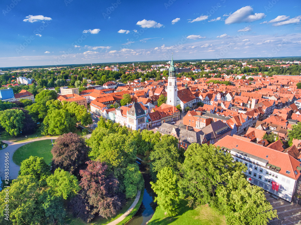 Obraz na płótnie Celle aerial view from drone, Germany. Homes and city park w salonie