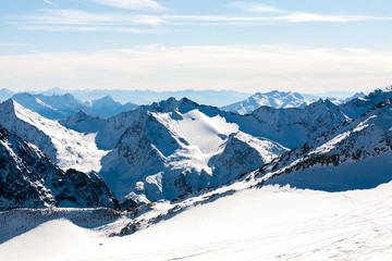 Wall Mural - Snowy mountain landscape. Beautiful scenic view of mount. Alps ski resort. Austria, Stubai, Stubaier Gletscher