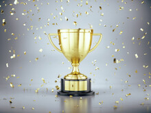 First Place Gold Trophy Cup With Falling Golden Confetti. Award Ceremony Concept. 3d Rendering
