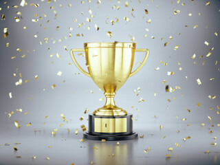 Wall Mural - First place gold trophy cup with falling golden confetti. Award ceremony concept. 3d rendering