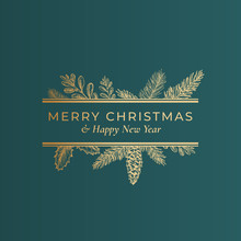 Christmas Abstract Botanical Label With Rectangle Frame Banner And Modern Typography. Classy Green And Golden Colors Greeting Layout. Holiday Social Media Post Template.