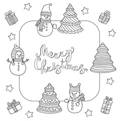 Frame with snowmen and Christmas trees, coloring page