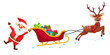 Santa Claus holding one hand on the sleigh with gifts and waving. Christmas characters