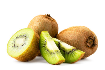 Wall Mural - Ripe kiwi with half and pieces on a white, isolated.