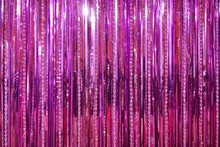 Pink Background. A Closed Up Photo Of Pink Background Curtain Made From Foil Paper And Beads For Party Photo Background.
