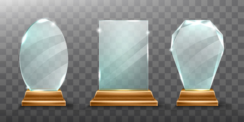 Poster - Glass trophy or winner award realistic vector illustration. Transparent crystal plate or blue acrylic frame different shapes on wooden pedestal, isolared front view with light and shadow