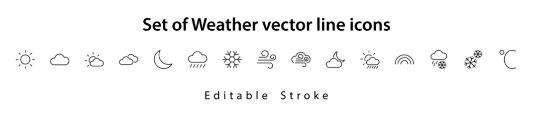 Poster - Set of Weather vector line icons. Contains symbols of the sun, clouds, snowflakes, wind, rainbow, moon and much more. Editable Stroke. 32x32 pixels.