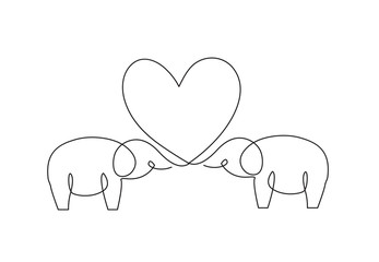 Wall Mural - Continuous line elephant with love. Single line vector illustration.