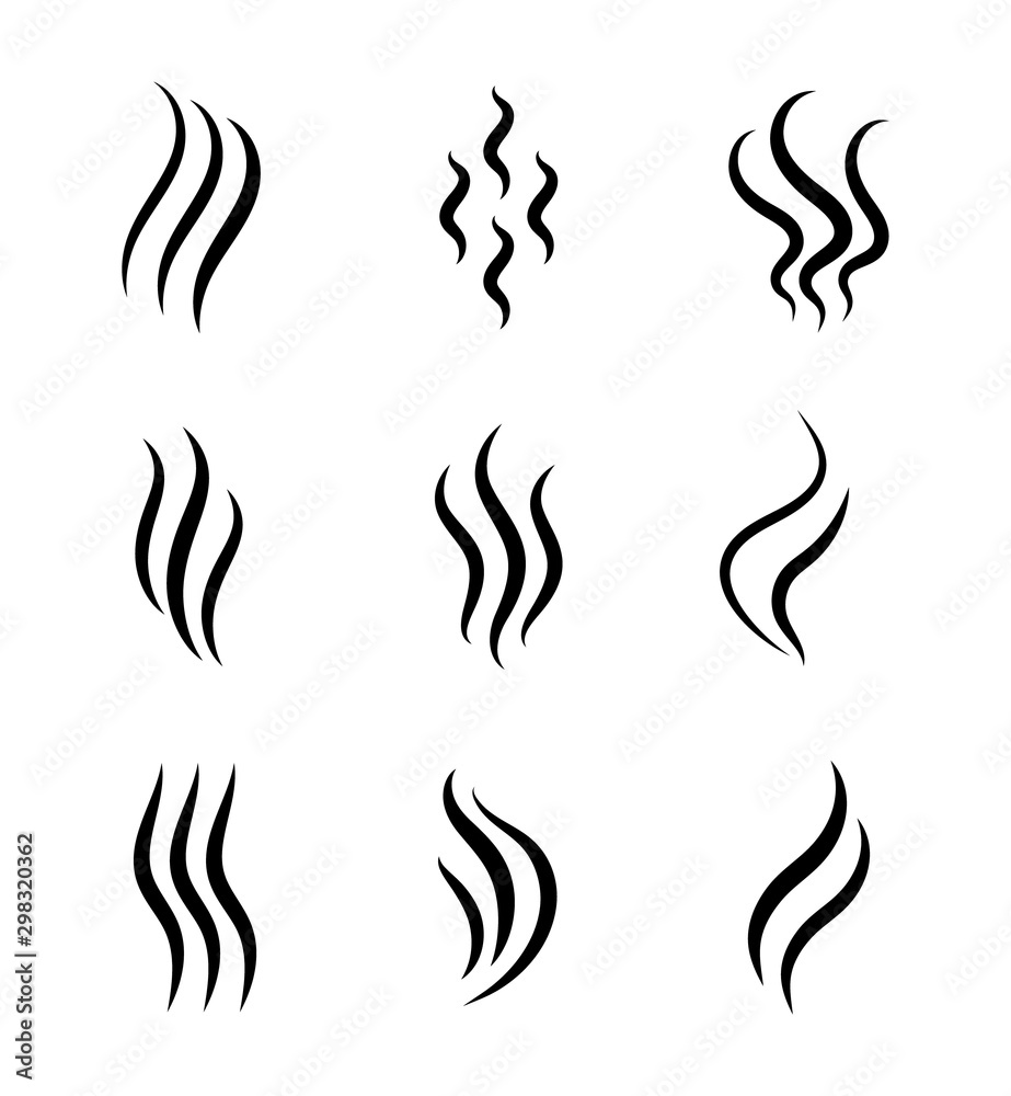 Aromas, smell vaporize icon. Outline symbols smoke, cooking steam odour, fume of flame. Hot aroma odors signs set. Wave of stench isolated. vector abstract illustration - obrazy, fototapety, plakaty 