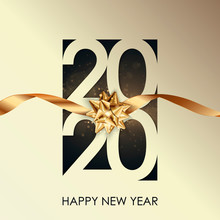Happy New Year 2020 Winter Holiday Greeting Card Design Template. Party Poster, Banner Or Invitation Gold Glittering Stars Confetti Glitter Decoration. Vector Background With Golden Gift Bow