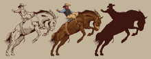 Print Cowboy Riding A Wild Horse Mustang Rounding A Kicking Horse On A Rodeo Graphic Sketch Sketching Graphics	