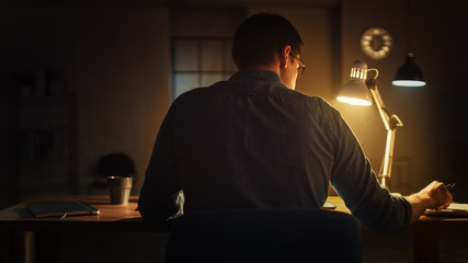 Poster - Back Shot of a Male Professional Designer Sitting at His Desk in Office Studio Working on a Laptop in the Evening. Man working with Data, Analyzing Statistics, writing Down Information.