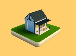 3 D house Isometric with pastel orange background