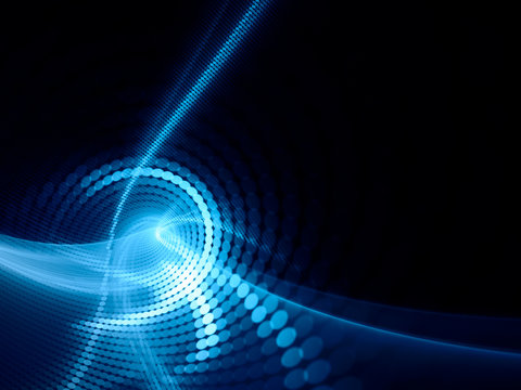 Abstract blue and black background. Fractal graphics series. Composition of glowing lines and mosaic halftone effects. 3d illustration.