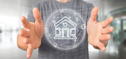Poster - businessman holding smart home interface with icon, stats and data 3d rendering
