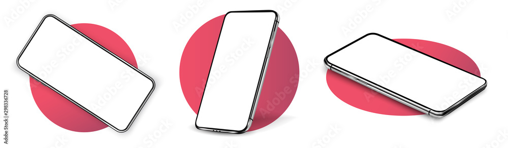 Smartphone frame less blank screen, rotated position. Smartphone from different angles. Mockup generic device. UI/UX smartphones set. Template for infographics or presentation 3D realistic phones.  - obrazy, fototapety, plakaty 