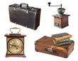 © Karjalas - Set of gorgeous old vintage items. Suitcases, books, watches, coffee grinder Isolated on white background.