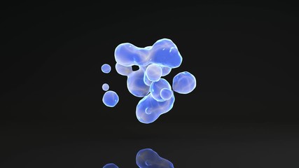 Poster - 3D animation of blue drops of blue plasma on a black reflective background with noise reflections. Abstract screensaver for desktop, Wallpaper.