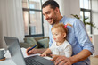 © Syda Productions - multi-tasking, freelance and fatherhood concept - working father with baby daughter and laptop computer at home office
